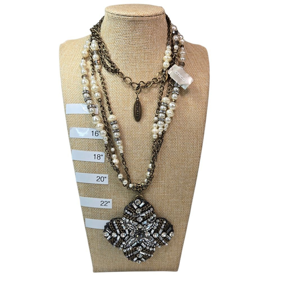 Chico's NWT Necklace Goldtone Chain White Pearl Crystal Rondelles Multi-Strand